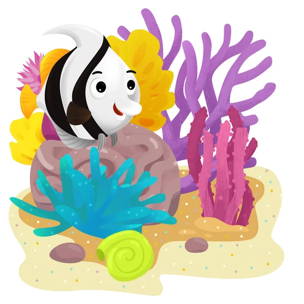 cartoon scene with coral reef with swimming happy fish isolated element illustration for kids