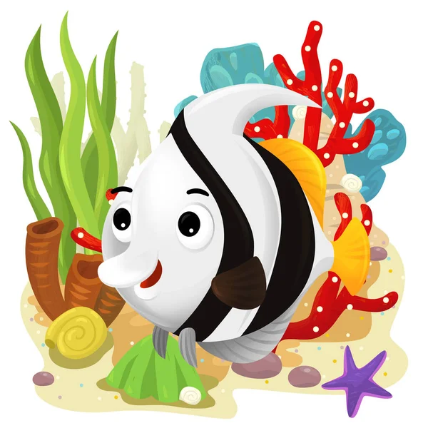 Yüzen mutlu balıklı mercan resifli karikatür sahnesi çocuklar için izole edilmiş element çizimi