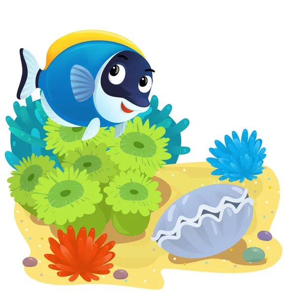 Yüzen mutlu balıklı mercan resifli karikatür sahnesi çocuklar için izole edilmiş element çizimi