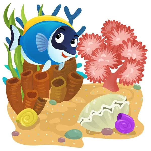 Cartoon Szene Mit Korallenriff Mit Schwimmenden Glücklichen Fischen Isolierte Elementillustration — Stockfoto