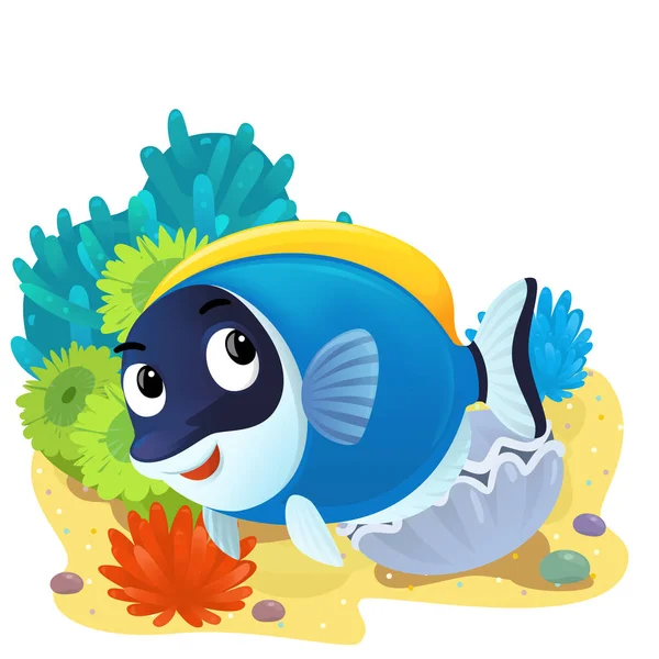 Yüzen mutlu balıklı mercan resifli karikatür sahnesi çocuklar için izole edilmiş element çizimi