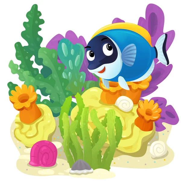 Cartoon Scene Coral Reef Swimming Happy Fish Isolated Element Illustration — Stock Photo, Image