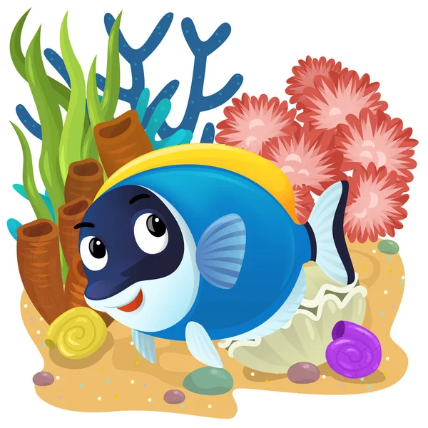 Rajzfilm Jelenet Korallzátony Úszás Boldog Hal Elszigetelt Elem Illusztráció Gyerekeknek — Stock Fotó
