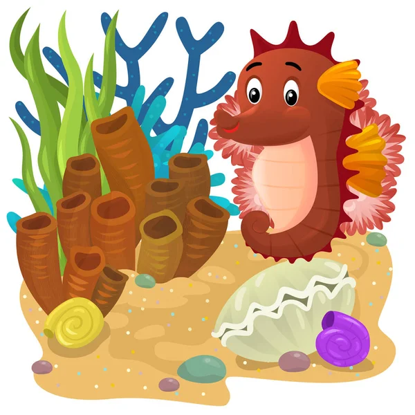 Tecknad Scen Med Korallrev Med Simning Glad Fisk Isolerad Element — Stockfoto