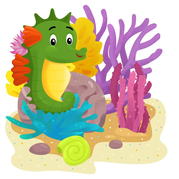 Cartoon Scene Coral Reef Swimming Happy Fish Isolated Element Illustration — Stock Photo, Image