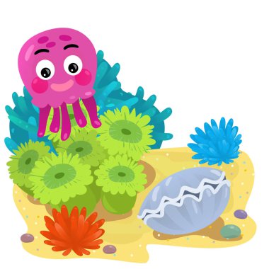 Yüzen ahtapotlu mercan resifli karikatür sahnesi ya da çocuklar için izole edilmiş jel balıklar.