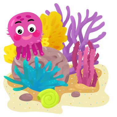 Yüzen ahtapotlu mercan resifli karikatür sahnesi ya da çocuklar için izole edilmiş jel balıklar.