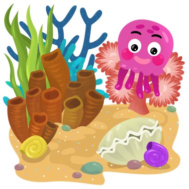 Yüzen ahtapotlu mercan resifli karikatür sahnesi ya da çocuklar için izole edilmiş jel balıklar.