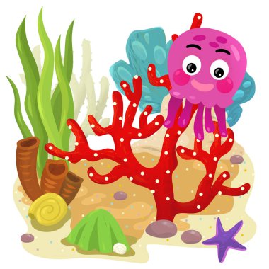 cartoon scene with coral reef with swimming octopus or gelly fish isolated element illustration for kids clipart