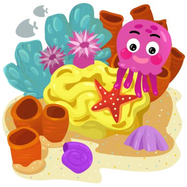 Yüzen ahtapotlu mercan resifli karikatür sahnesi ya da çocuklar için izole edilmiş jel balıklar.