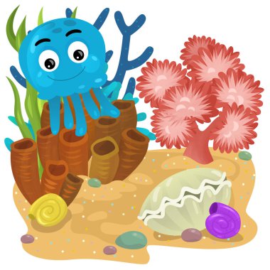 Yüzen ahtapotlu mercan resifli karikatür sahnesi ya da çocuklar için izole edilmiş jel balıklar.