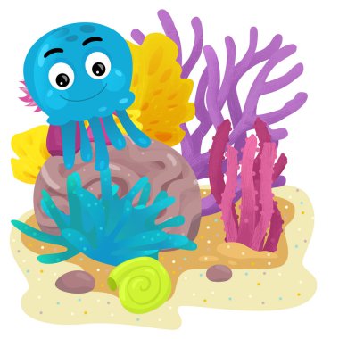 Yüzen ahtapotlu mercan resifli karikatür sahnesi ya da çocuklar için izole edilmiş jel balıklar.