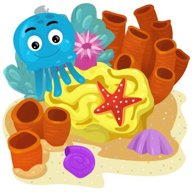 Yüzen ahtapotlu mercan resifli karikatür sahnesi ya da çocuklar için izole edilmiş jel balıklar.