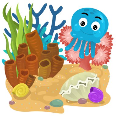 Yüzen ahtapotlu mercan resifli karikatür sahnesi ya da çocuklar için izole edilmiş jel balıklar.