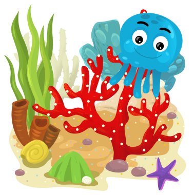 Yüzen ahtapotlu mercan resifli karikatür sahnesi ya da çocuklar için izole edilmiş jel balıklar.