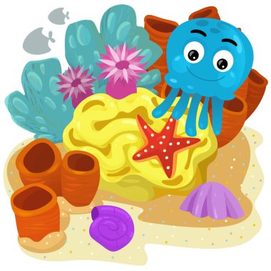 Yüzen ahtapotlu mercan resifli karikatür sahnesi ya da çocuklar için izole edilmiş jel balıklar.