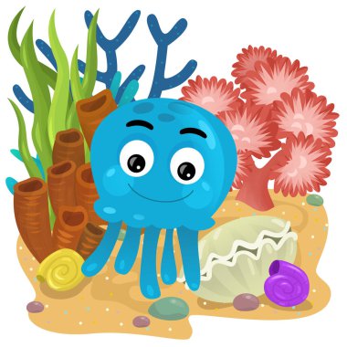 Yüzen ahtapotlu mercan resifli karikatür sahnesi ya da çocuklar için izole edilmiş jel balıklar.