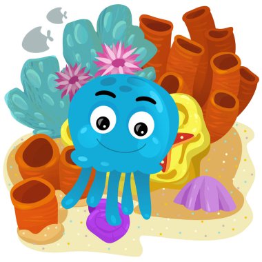 Yüzen ahtapotlu mercan resifli karikatür sahnesi ya da çocuklar için izole edilmiş jel balıklar.