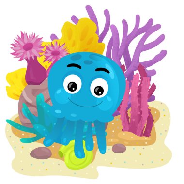 Yüzen ahtapotlu mercan resifli karikatür sahnesi ya da çocuklar için izole edilmiş jel balıklar.