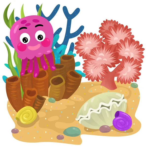 Kreslená Scéna Korálovým Útesem Plaváním Chobotnice Nebo Želé Ryby Izolovaný — Stock fotografie