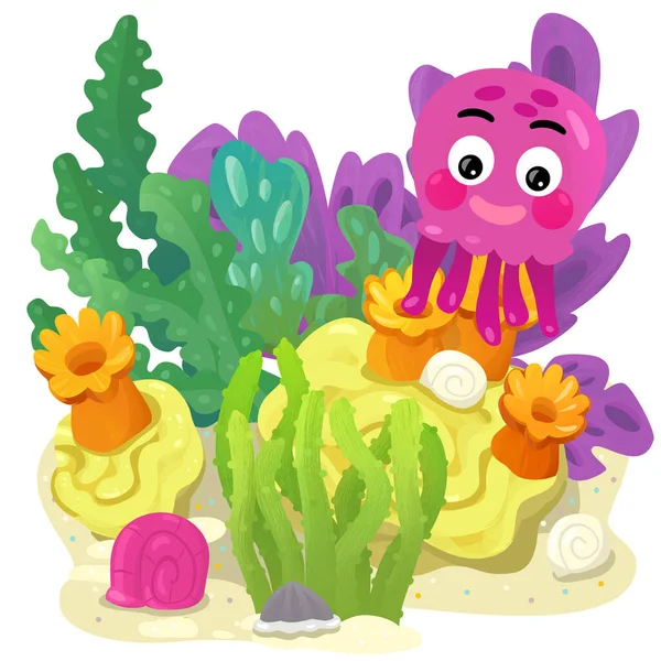 Cartoon Scene Coral Reef Swimming Octopus Gelly Fish Isolated Element — Stock Photo, Image