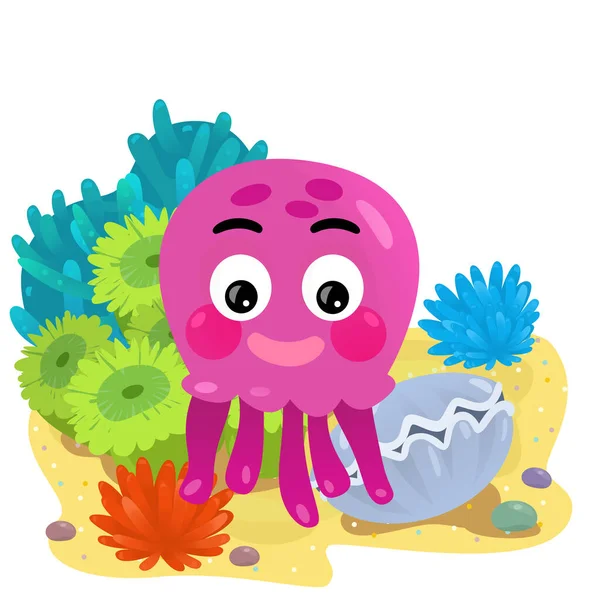 Cartoon Szene Mit Korallenriff Mit Schwimmendem Oktopus Oder Gelly Fisch — Stockfoto
