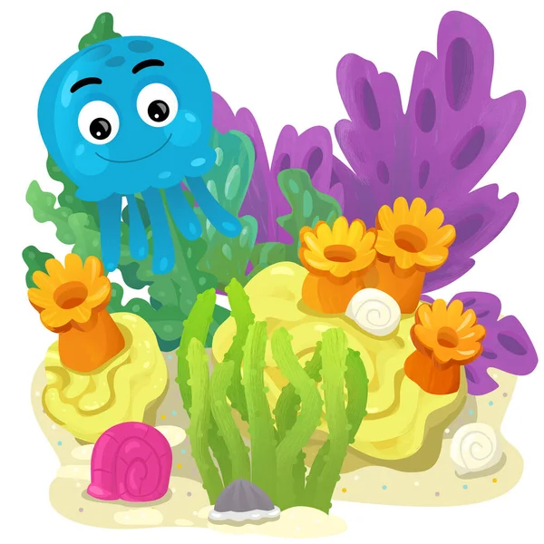 cartoon scene with coral reef with swimming octopus or gelly fish isolated element illustration for kids