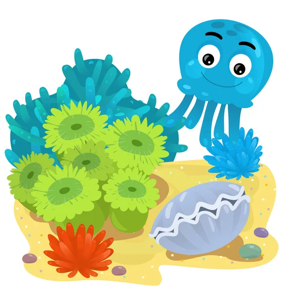 Kreslená Scéna Korálovým Útesem Plaváním Chobotnice Nebo Želé Ryby Izolovaný — Stock fotografie