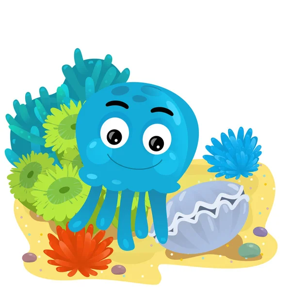 Yüzen Ahtapotlu Mercan Resifli Karikatür Sahnesi Çocuklar Için Izole Edilmiş — Stok fotoğraf