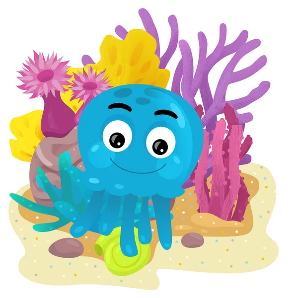 cartoon scene with coral reef with swimming octopus or gelly fish isolated element illustration for kids