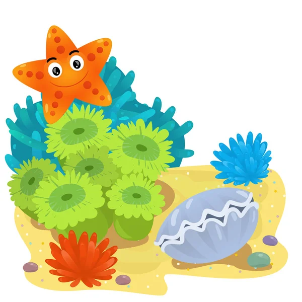Yüzen yıldız balıklı mercan resifli karikatür sahnesi çocuklar için izole edilmiş element çizimi