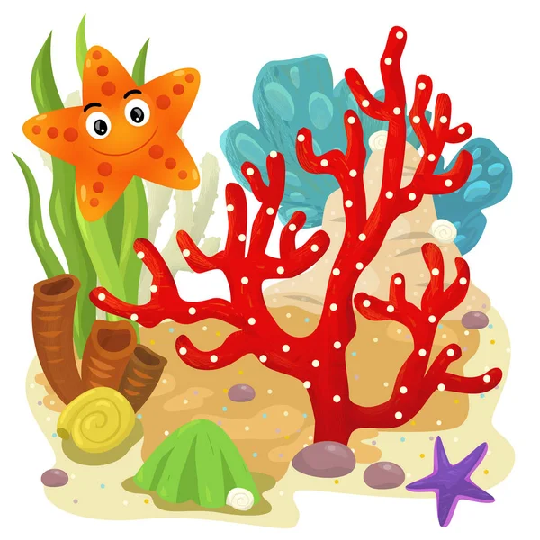 Cartoon Szene Mit Korallenriff Mit Schwimmenden Sternenfischen Isolierte Elementillustration Für — Stockfoto
