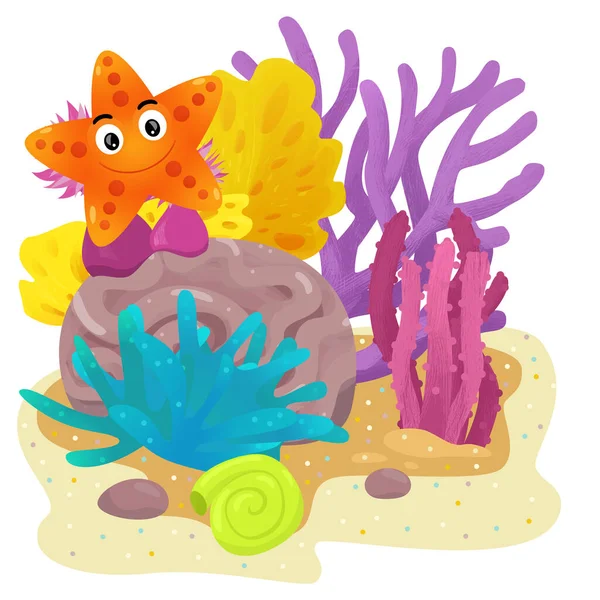 子供のための水泳スター魚分離要素イラストとサンゴ礁の漫画シーン — ストック写真