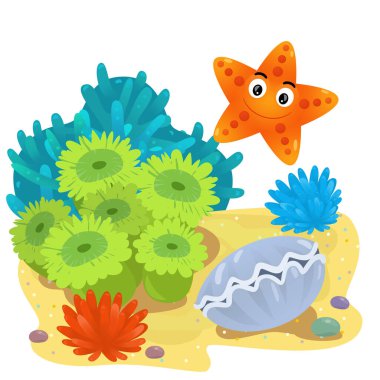 Yüzen yıldız balıklı mercan resifli karikatür sahnesi çocuklar için izole edilmiş element çizimi