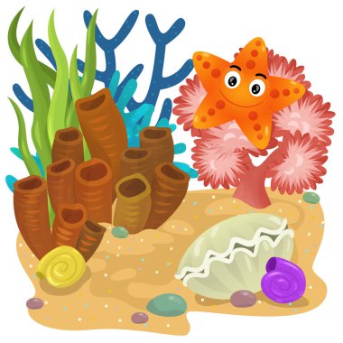 Yüzen yıldız balıklı mercan resifli karikatür sahnesi çocuklar için izole edilmiş element çizimi