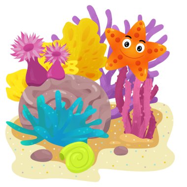 Yüzen yıldız balıklı mercan resifli karikatür sahnesi çocuklar için izole edilmiş element çizimi