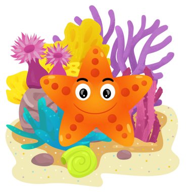 Yüzen yıldız balıklı mercan resifli karikatür sahnesi çocuklar için izole edilmiş element çizimi