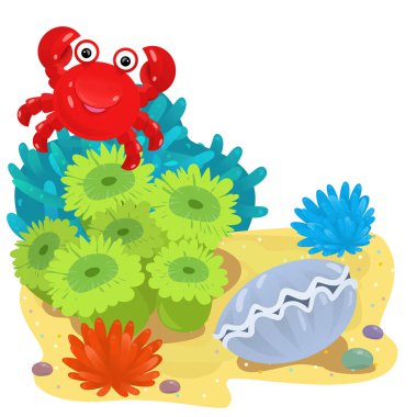 Yüzen yengeç balıklı mercan resifli karikatür sahnesi çocuklar için izole edilmiş element çizimi