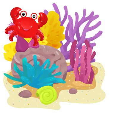 Yüzen yengeç balıklı mercan resifli karikatür sahnesi çocuklar için izole edilmiş element çizimi