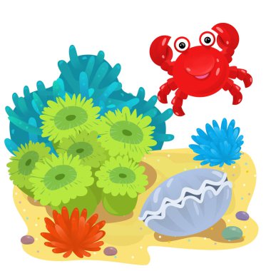 Yüzen yengeç balıklı mercan resifli karikatür sahnesi çocuklar için izole edilmiş element çizimi