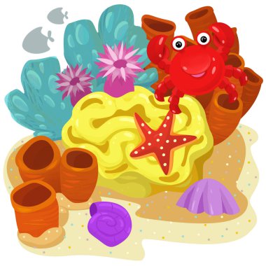 Yüzen yengeç balıklı mercan resifli karikatür sahnesi çocuklar için izole edilmiş element çizimi