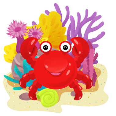 Yüzen yengeç balıklı mercan resifli karikatür sahnesi çocuklar için izole edilmiş element çizimi