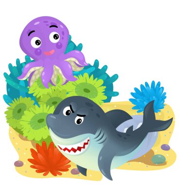 Yüzen balıklı mercan resifli karikatür sahnesi çocuklar için izole edilmiş element çizimi