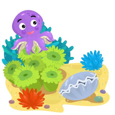 Yüzen balıklı mercan resifli karikatür sahnesi çocuklar için izole edilmiş element çizimi