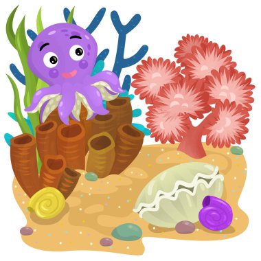 Yüzen balıklı mercan resifli karikatür sahnesi çocuklar için izole edilmiş element çizimi