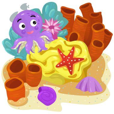 Yüzen balıklı mercan resifli karikatür sahnesi çocuklar için izole edilmiş element çizimi