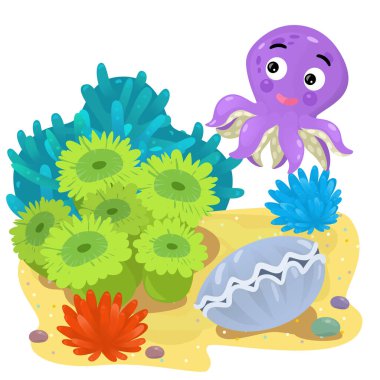 Yüzen balıklı mercan resifli karikatür sahnesi çocuklar için izole edilmiş element çizimi