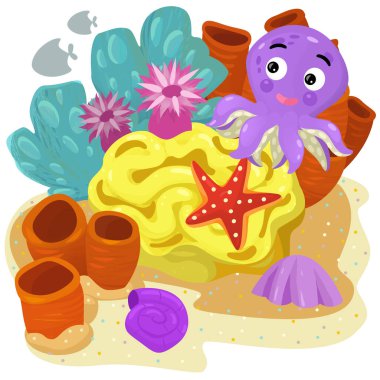 Yüzen balıklı mercan resifli karikatür sahnesi çocuklar için izole edilmiş element çizimi