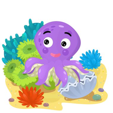 Yüzen balıklı mercan resifli karikatür sahnesi çocuklar için izole edilmiş element çizimi