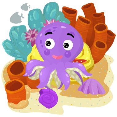 Yüzen balıklı mercan resifli karikatür sahnesi çocuklar için izole edilmiş element çizimi